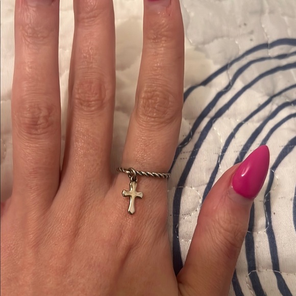 Silver Twisted Band Ring with Cross Charm - Picture 2 of 3